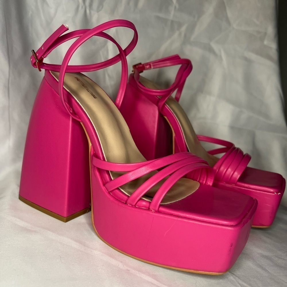 PrettyLittleThing Pink Square Toe Strappy Platform Heel Sandals Size 5 - Picture 4 of 15